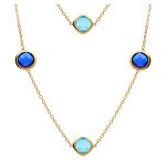 Collier en acier dor� sautoir d'oxydes carr�s bleu ciel et bleu fonc�