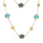Collier en acier dor� sautoir pastilles fleur et oxydes forme fleur bleu clair