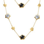 Collier acier dor� sautoir pastilles fleur et oxydes forme fleur noirs et blancs