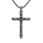 Collier en acier maille jaseron avec pendentif croix 45 x 27mm et oxyde noir sertis, 55cm
