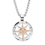 Collier en acier maille palmier avec pendentif boussole et pvd rose 51cm rglable en 44 cm et 46cm