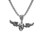 Collier en acier patin chane avec pendentif tte de mort avec ailes 50 + 10cm