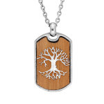 Collier en acier avec pendentif plaque en bois motif arbre de vie 45 + 5cm