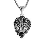 Collier en acier pendentif t�te de lion patin�e 55cm