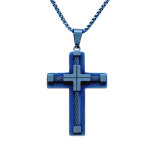 Collier en acier pvd bleu pendentif croix 55x40mm avec c�ble noir - 55 + 10cm