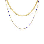 Collier en acier et pvd jaune 2 rangs maille plate et chanette avec olives bleu fonc 37 + 5cm