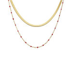 Collier en acier et pvd jaune 2 rangs maille plate et chanette avec olives rouge 37 + 5cm