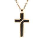 Collier en acier et pvd jaune chaîne maille forcat avec pendentif croix 35 x 25mm motifs noirs longueur ... Collier en acier et pvd jaune chaîne maille forcat avec pendentif croix 35 x 25mm motifs noirs longueur ...