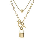 Collier en acier et pvd jaune double rang avec boule et pendentif cadenas 44cm