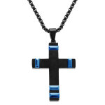 Collier en acier pvd noir pendentif croix 40x28mm avec motif bleu - 50 + 10cm