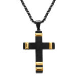 Collier en acier pvd noir pendentif croix 40x28mm avec motif dor� - 50 + 10cm