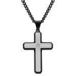 Collier en acier pvd noir pendentif croix acier gris stri� 38x26mm et contour pvd noir avec oxyde blanc ...