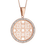 Collier en acier et pvd rose chane avec pendentif rond en rsine et strass blancs avec rosaces  l'intrieur ...
