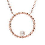 Collier en acier et pvd rose pendentif rond boule avec perle de synth�se blanche 45 + 5cm