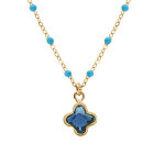 Collier en argent dor� avec boules en r�sine turquoise et pendentif tr�fle en cristal bleu fonc� - 40 ...