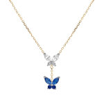 Collier en argent dor� deux papillons d'oxydes blanc et bleu fonc� sertis, 38 + 5cm
