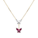 Collier en argent dor� deux papillons d'oxydes blanc et fushia sertis, 38 + 5cm