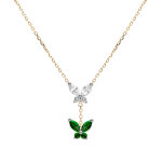 Collier en argent dor� deux papillons d'oxydes blanc et vert fonc� sertis 38 + 5cm