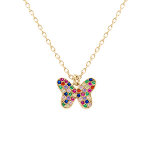 Collier en argent dor� avec pendentif papillon orn� d'oxydes multi couleurs sertis - 40 + 5cm
