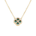 Collier en argent dor� avec pendentif tr�fle malachite v�ritable, contour oxydes blancs 40 + 5cm