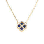 Collier en argent dor� avec pendentif tr�fle verre bleu fonc� contour oxydes blancs 40 + 5cm