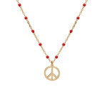 Collier en argent et dorure jaune chane avec boules couleur rouge motif peace and love 40 + 5cm