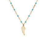 Collier en argent et dorure jaune chane avec boules couleur turquoise avec pendentif plume 40 + 5cm