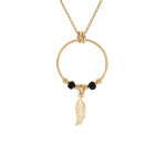 Collier en argent et dorure jaune chane avec pendentif anneau 15mm avec boules lisses noires et pampille ...