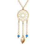 Collier en argent et dorure jaune cha�ne avec pendentif attrape r�ve et perles bleu ciel 38 + 5cm