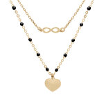Collier en argent et dorure jaune double cha�ne avec infini et coeur et perles noires 40 + 5cm