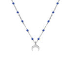 Collier en argent rhodi� cha�ne avec boules couleur bleu fonc� avec pendentif demi lune 40 + 5cm
