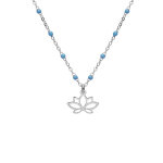 Collier en argent rhodi chane avec boules couleur bleu avec pendentif fleur de lotus 40 + 5cm