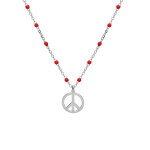 Collier en argent rhodi chane avec boules couleur rouges motif peace and love 40 + 5cm