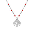 Collier en argent rhodi� cha�ne avec boules couleur rouge avec pendentif arbre de vie 40 + 5cm