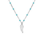 Collier en argent rhodi chane avec boules couleur turquoise avec pendentif plume 40 + 5cm