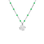 Collier en argent rhodi� cha�ne avec boules couleur verte avec pendentif tr�fles 40 + 5cm