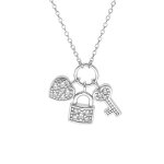 Collier en argent rhodi� cha�ne avec breloques cadenas coeur clefs oxydes blancs 42 + 3cm