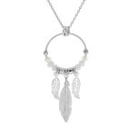 Collier en argent rhodi chane avec pendentif anneau 15mm avec boules blanches et pampilles plumes 40 ...