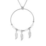 Collier en argent rhodi chane avec pendentif anneau 28mm boules blanches pampille 3 plumes 40 + 4cm ...