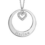 Collier en argent rhodi chane avec pendentif anneau prnom  graver et coeur d'oxydes blancs suspendu ...