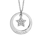 Collier en argent rhodi chane avec pendentif anneau prnom  graver et toile pave d'oxydes blancs ...