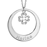 Collier en argent rhodi chane avec pendentif anneau prnom  graver et trfle  4 feuilles suspendu ...