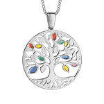 Collier en argent rhodi chane avec pendentif arbre de vie ajour et feuilles multicolores - longueur ...