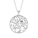 Collier en argent rhodi� cha�ne avec pendentif arbre de vie et chouette empierr�e 40 + 5cm