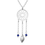 Collier en argent rhodi� cha�ne avec pendentif attrape r�ve et perles bleu fonc� 38 + 5cm
