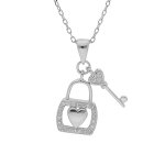 Collier en argent rhodi chane avec pendentif cadenas coeur et clef oxydes blancs sertis 39 + 2 + 2cm ...