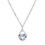 Collier en argent rhodi chane avec pendentif cadenas en forme de coeur et oxydes bleus 42 + 2 + 2cm ...