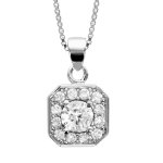 Collier en argent rhodi� cha�ne avec pendentif carr� avec angles bisaut�s et oxydes sertis blancs dispos�s ...