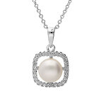 Collier en argent rhodi chane avec pendentif carr oxydes blancs et perle de culture d'eau douce blanche ...
