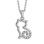 Collier en argent rhodi chane avec pendentif chat ajour stylis avec queue orne d'oxydes blancs - ...